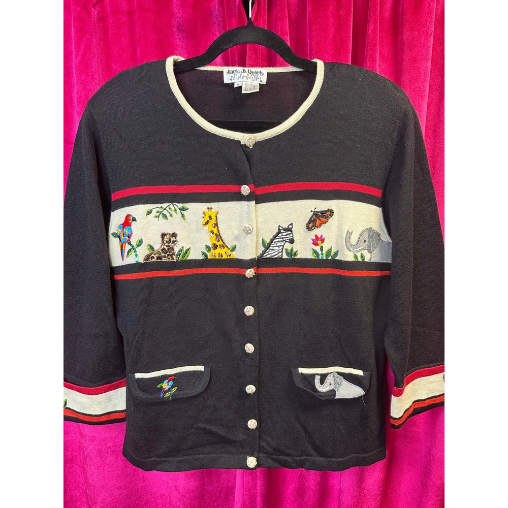 Jack B. Quick Cardigan Sweater Women XL Black Excellent Safari Animal Embroidery